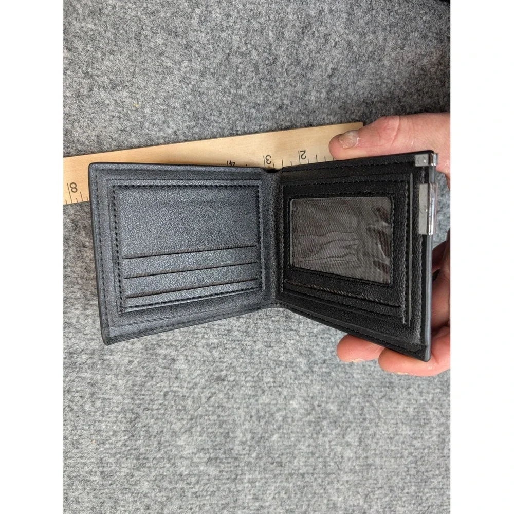 Wallet Mens Black Bifold Faux Leather ID Window Metal Money Clip Credit Card